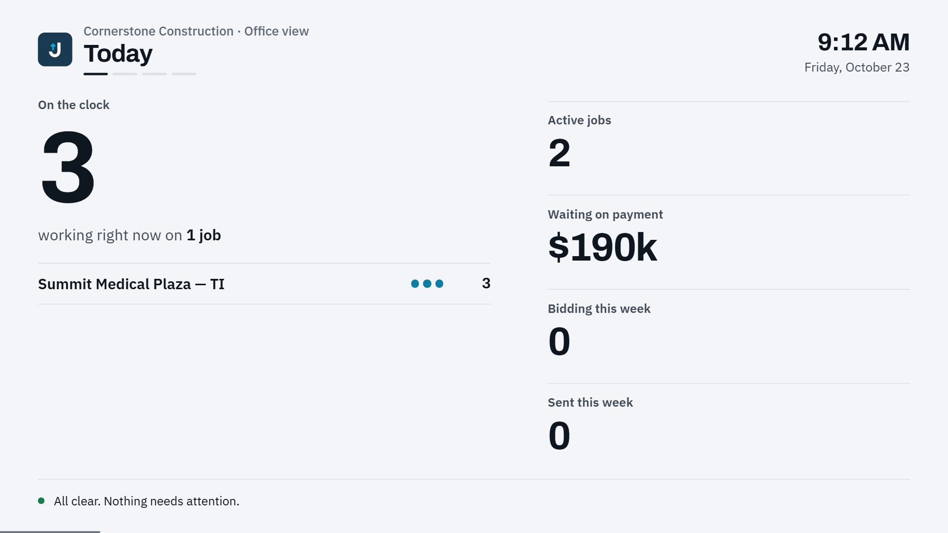 JobFigure TV dashboard with crew on the clock, active jobs with budget and margin, and items that need attention